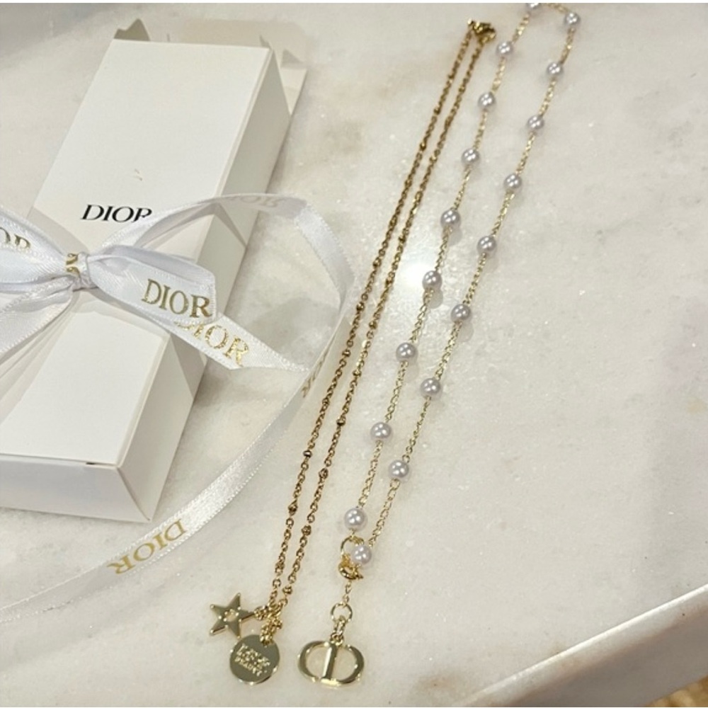 Dior Gold and Pearl Layered Charm Necklace Set